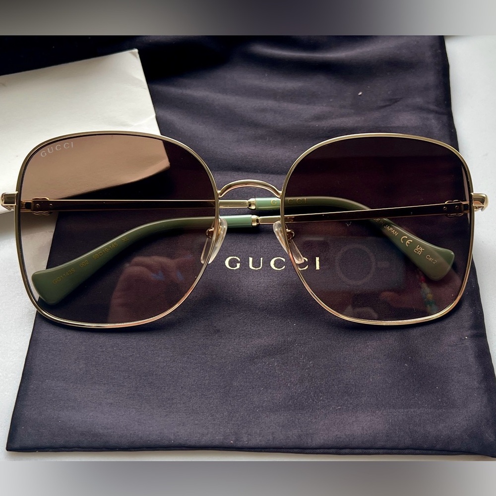 Gucci Gold Frame Sunglasses with Brown Lenses and Green Temple Tips